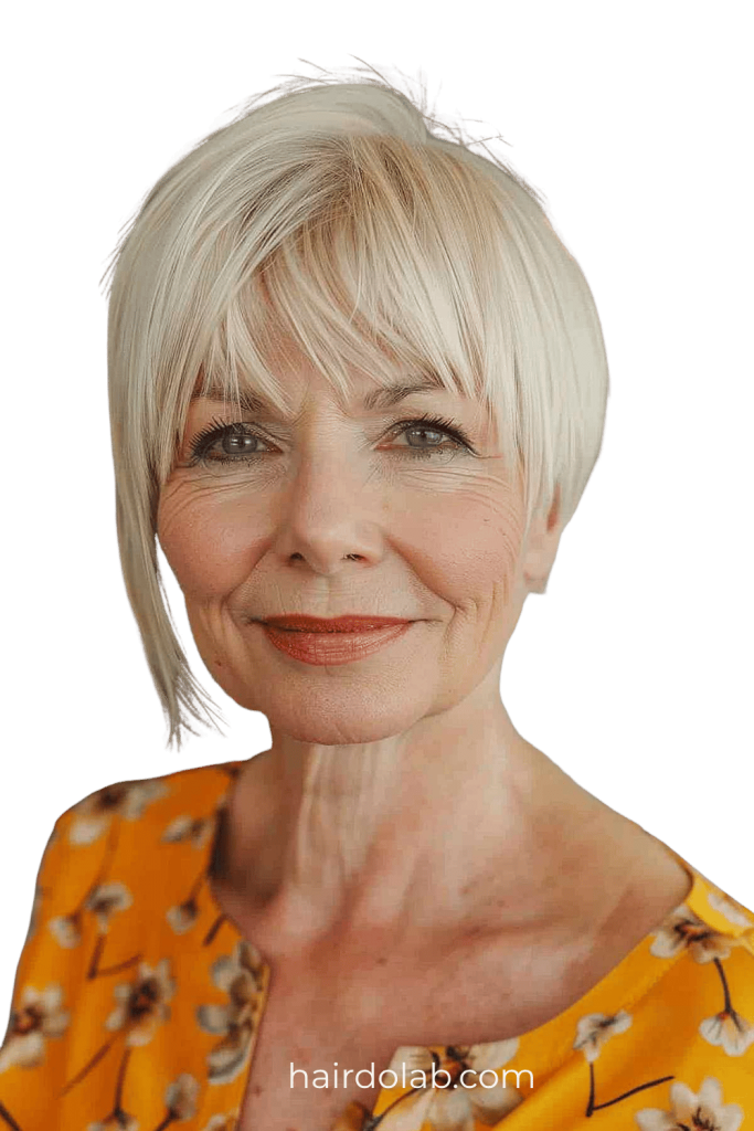 16. Sleek Asymmetrical Blonde Pixie Cut with Side-Swept Bangs