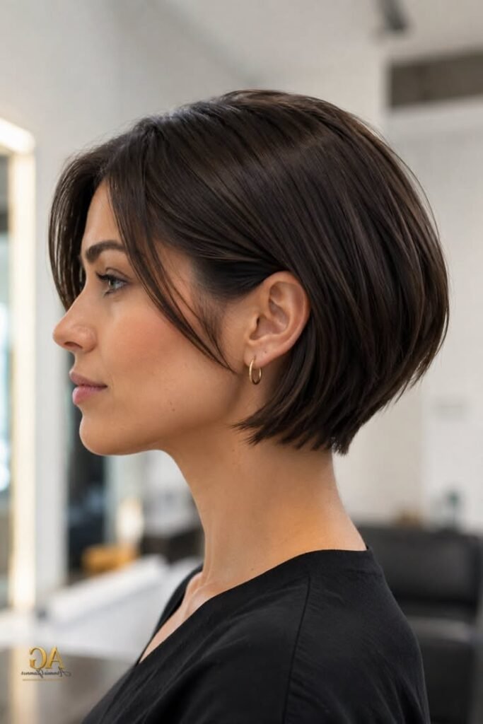 16. Sleek Dark Brown Side-Swept Stacked Bob