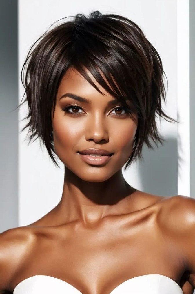 16. Sleek Dark Pixie Cut with Side-Swept Bangs