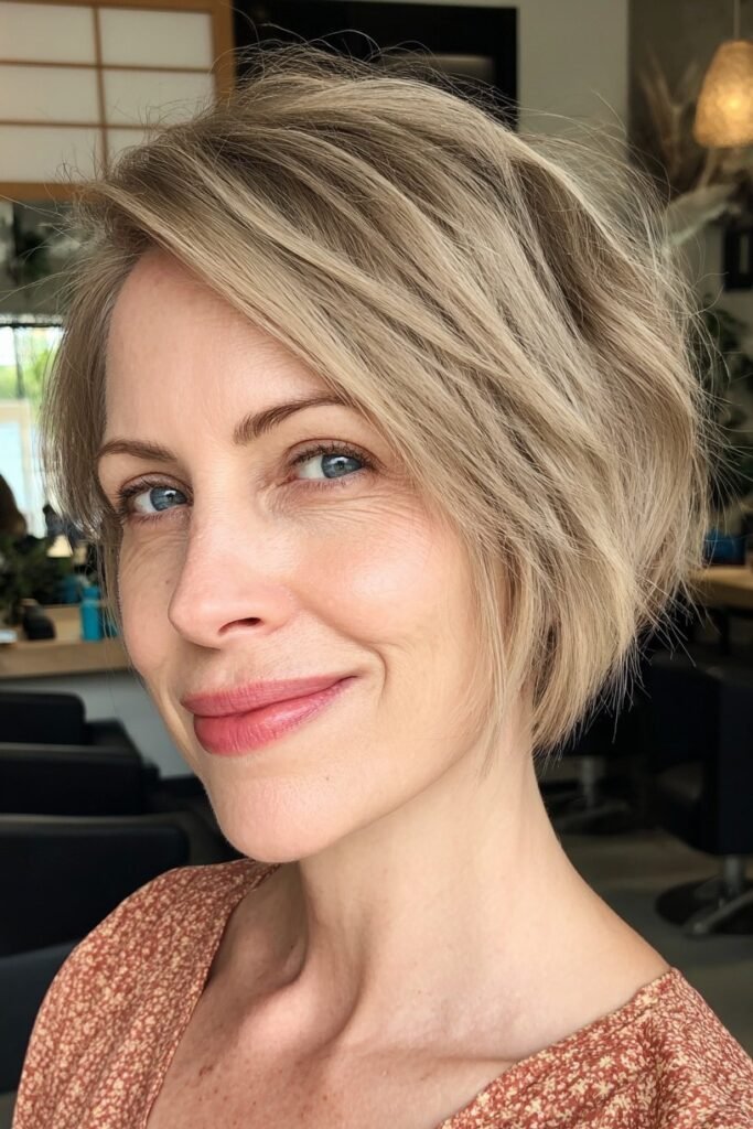 16. Sleek Side-Swept Ash Blonde Bob with Tuck Behind the Ear