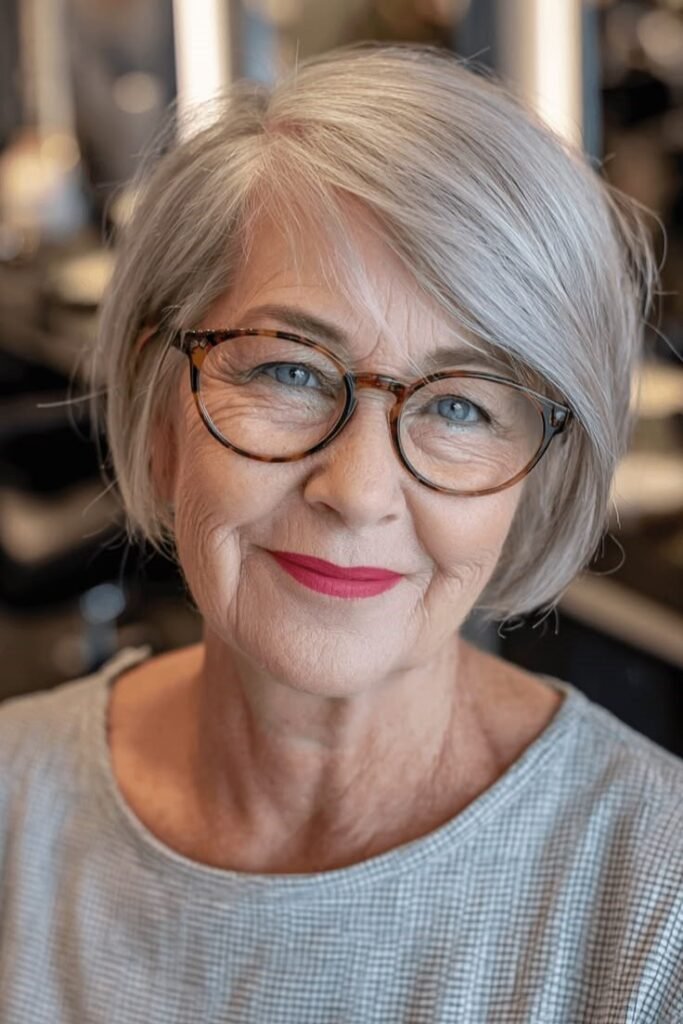 16. Smooth Silver Rounded Bob with Side-Swept Fringe