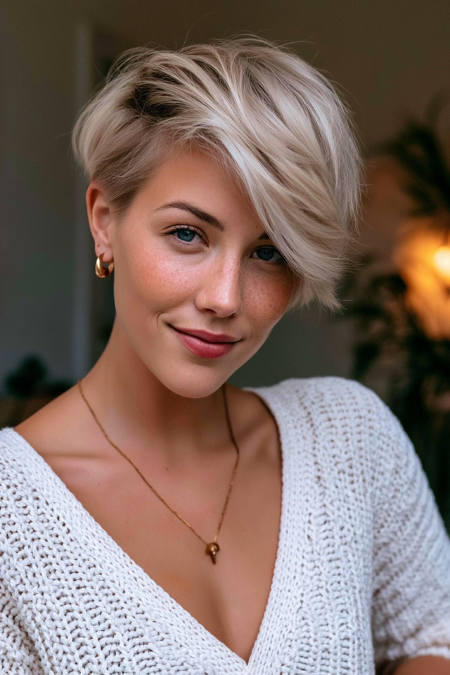 16. Soft Ash Blonde Layered Pixie Bob with Side-Swept Bangs