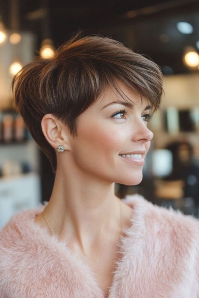 16. Tapered Brunette Pixie Cut with Side-Swept Layers