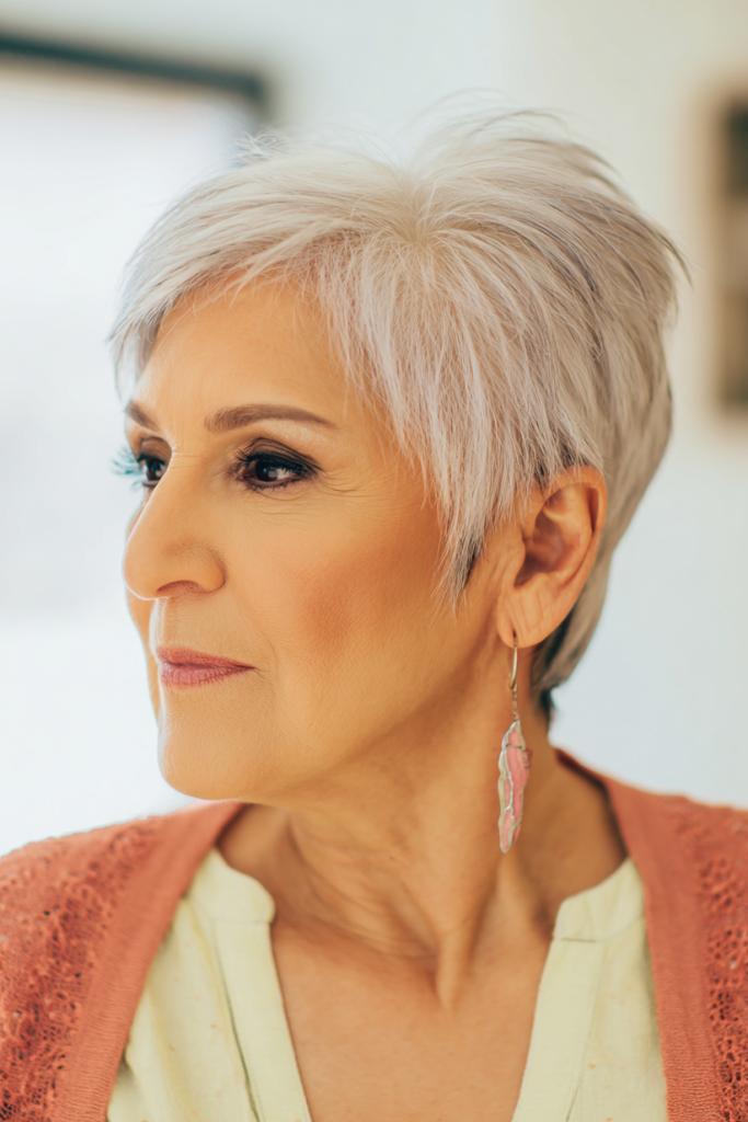 16. Tapered Silver-White Pixie with Side-Swept Bangs