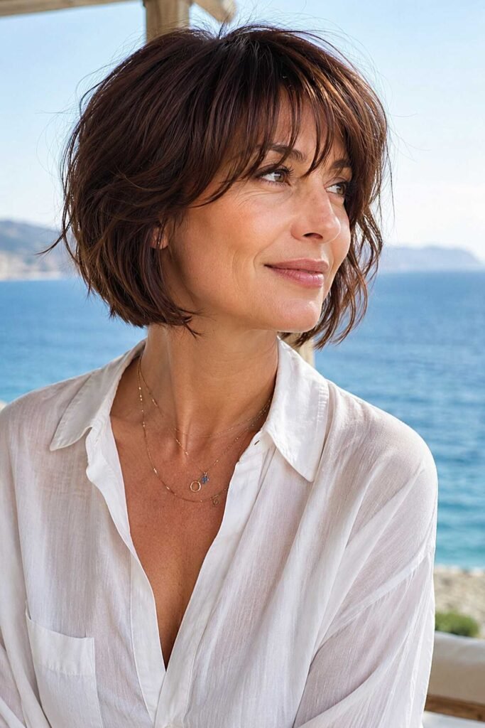 16. Tousled Dark Chestnut Bob with Piecey Wispy Bangs