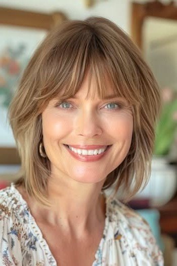 16. Warm Blonde Shag Cut with Full Bangs