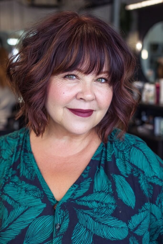 16. Wavy Plum Red Bob with Full Soft Fringe