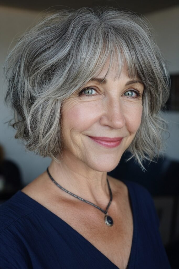 16. Wavy Silver Gray Shag Bob with Wispy Bangs