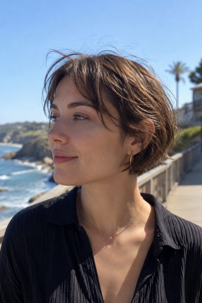 17. Casual Tousled Dark Pixie Bob with Wispy Side Bangs