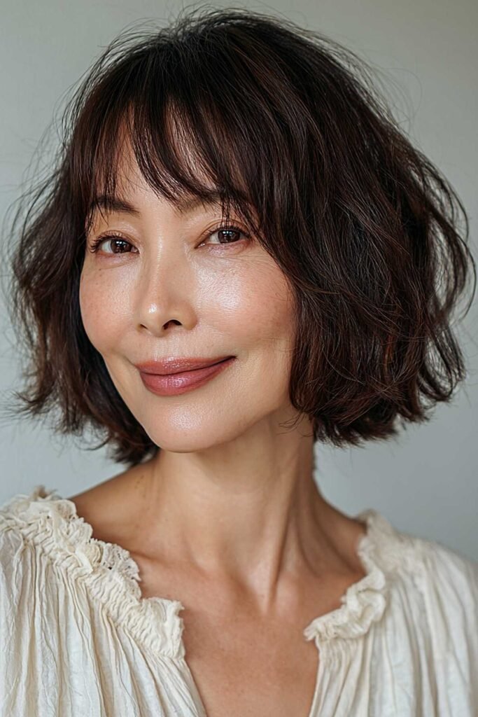 17. Dark Chestnut Soft Shag Bob with Wispy Straight Bangs