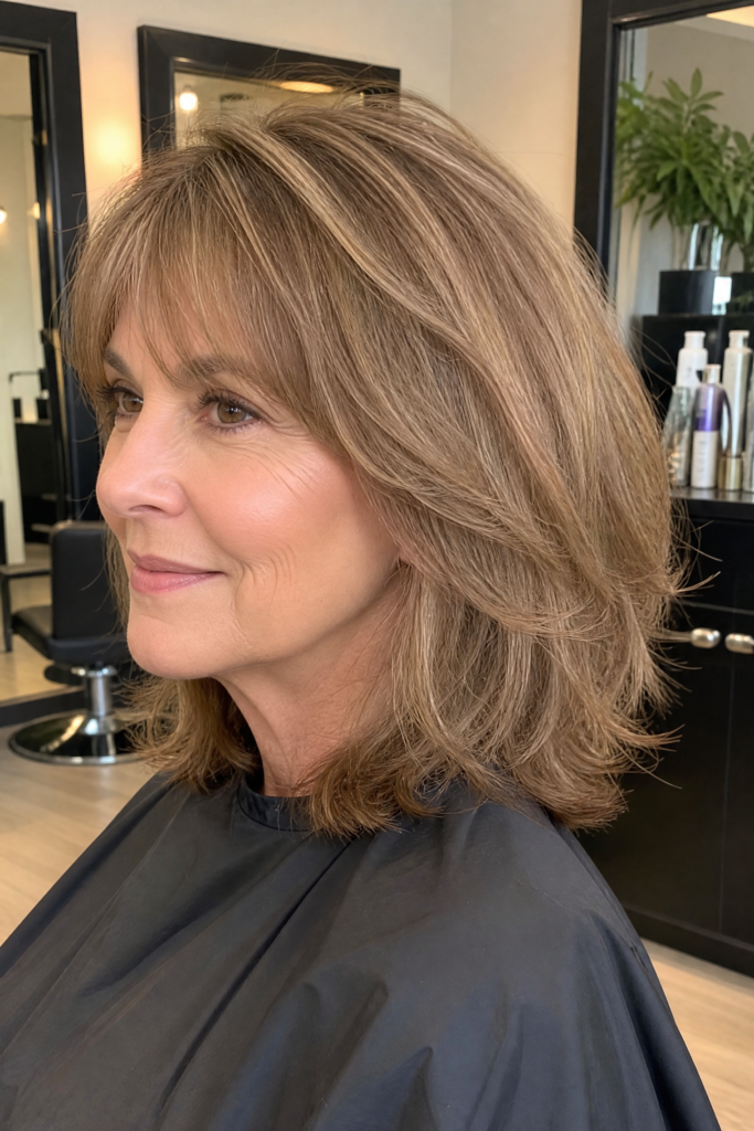17. Feathered Caramel-Highlighted Lob with Soft Bangs