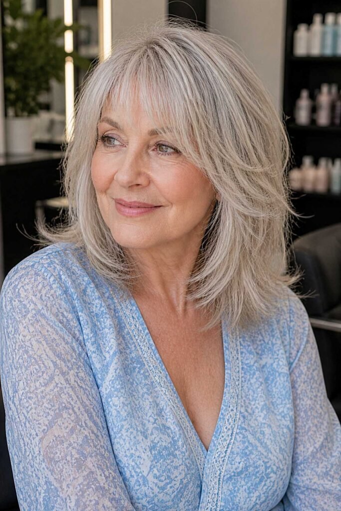 17. Feathered Silver Shag Lob with Full Wispy Bangs