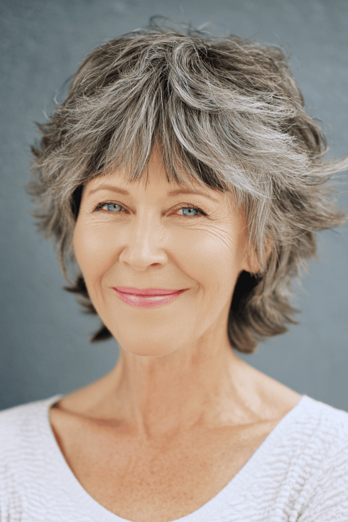 17. Feathered Silver Shag with Choppy Bangs