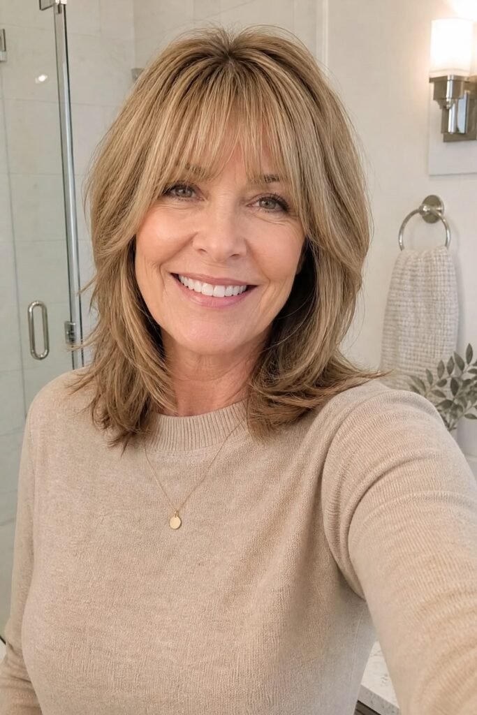 17. Golden Blonde Medium-Length Shag with Soft Straight-Across Bangs