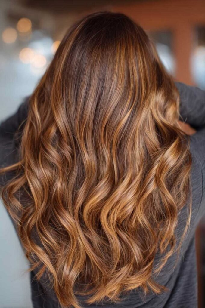 17. Long Cascading Waves with Honey Caramel Copper Balayage