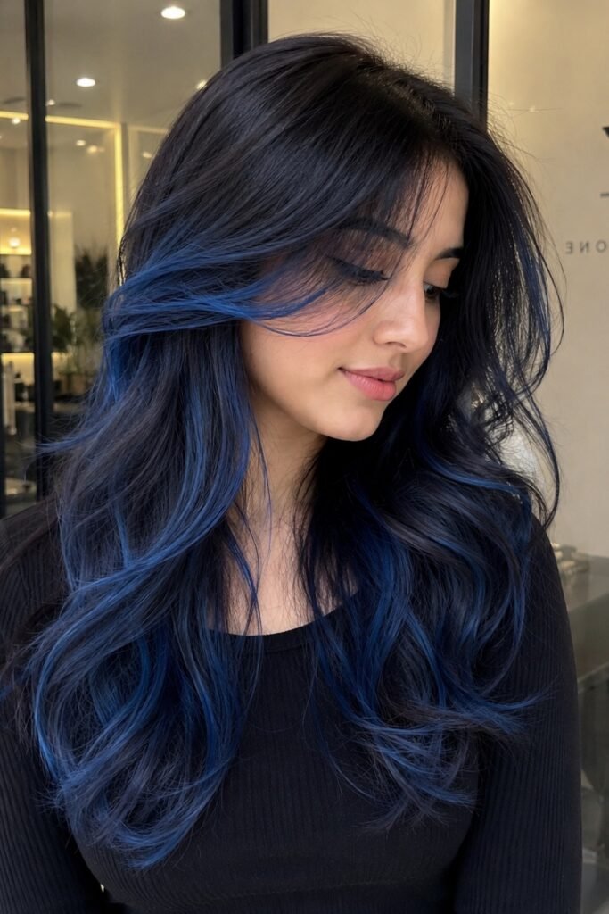 17. (Long Curly Dark Brown Hair with Vibrant Blue Balayage Ends)