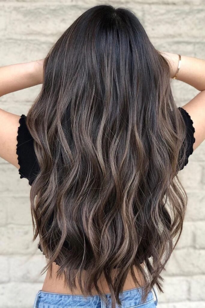 17. Long Wavy Brunette Hair with Fine Sandy Brown Tone-on-Tone Balayage (Back View)