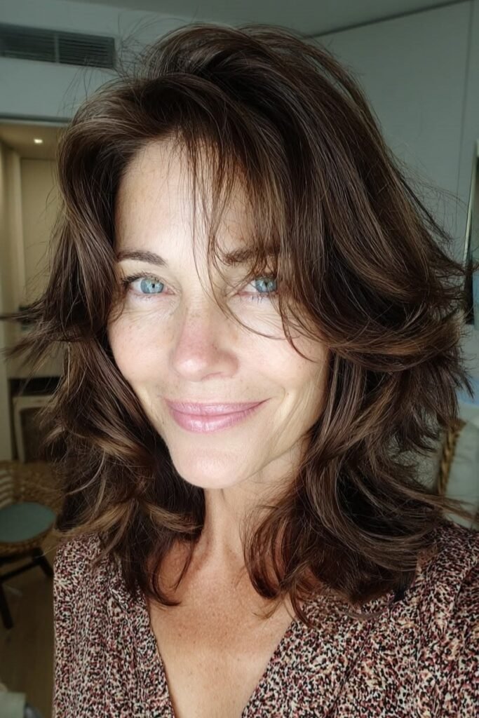 17. Messy Dark Brown Shag Cut with Soft Face-Framing Layers