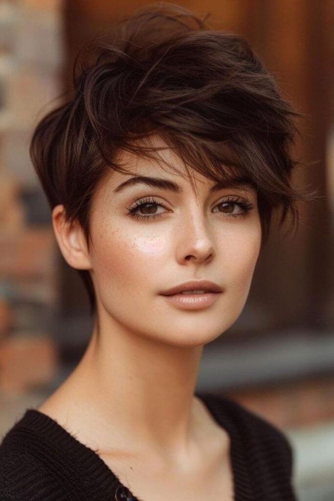 17. Messy Layered Dark Brown Pixie Cut with Side-Swept Fringe
