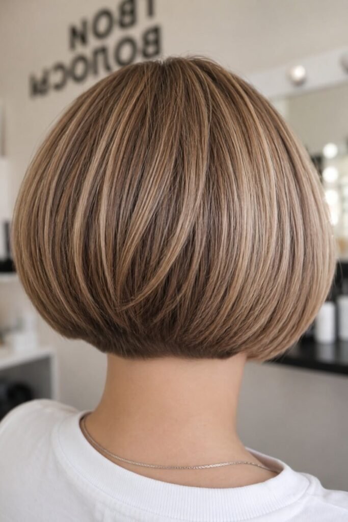 17. Rounded Honey Blonde Stacked Bob with Curved Ends