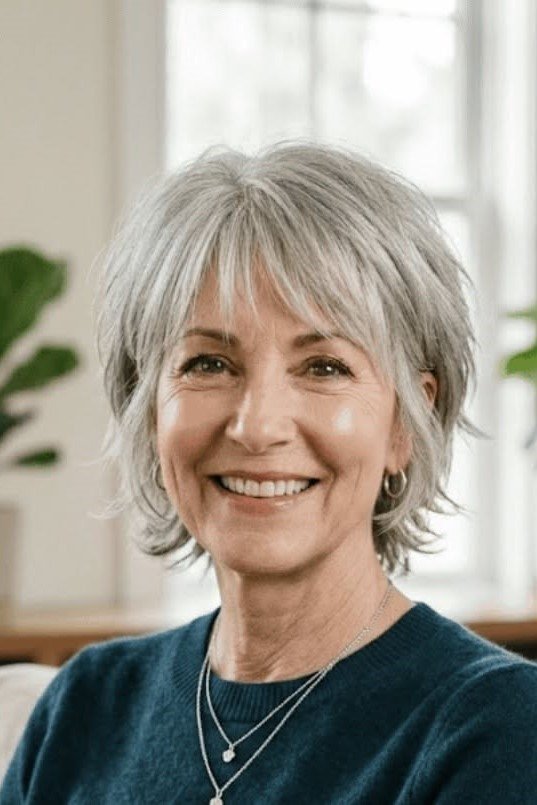 17. Short Silver Ash Cut with Wispy Side-Swept Bangs and Soft Layers