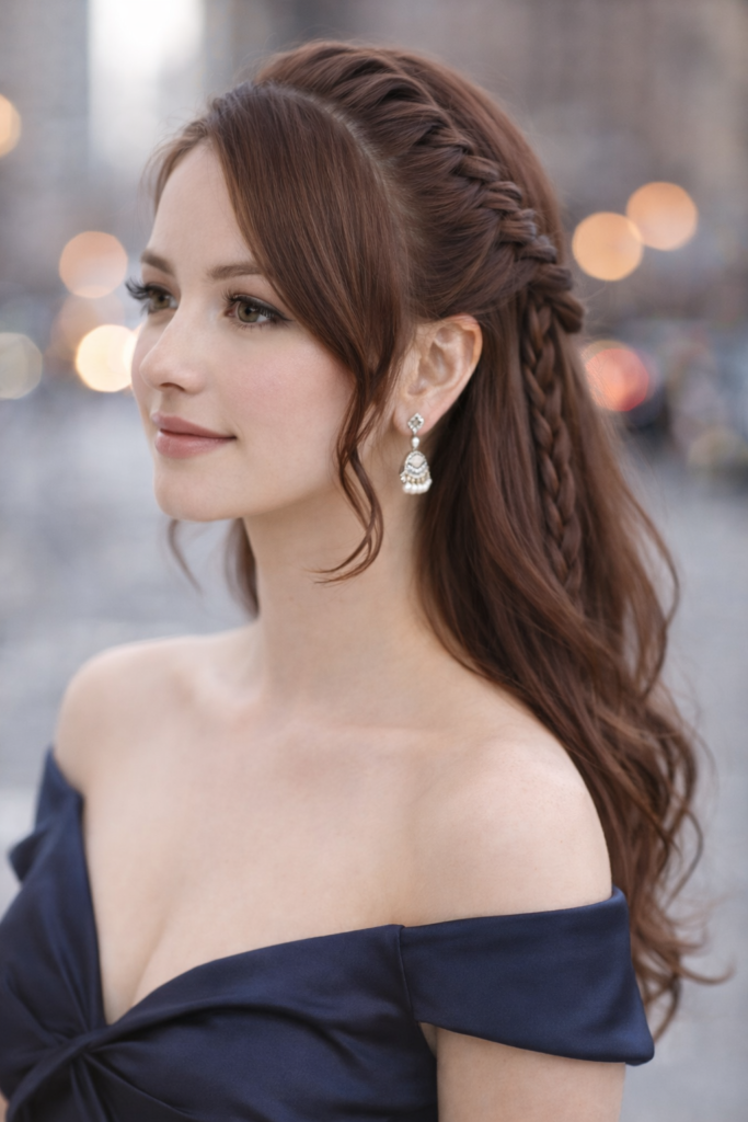 17. Side-Braided Half-Up Crown Hairstyle with Soft Tendrils