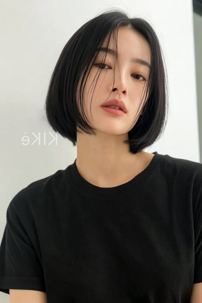 17. Sleek Jet Black Glass Bob with Wispy Strands