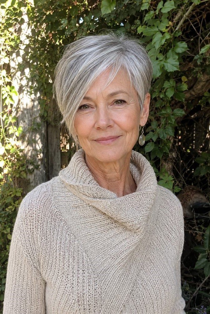 17. Sleek Silver Pixie with Long Side-Swept Fringe