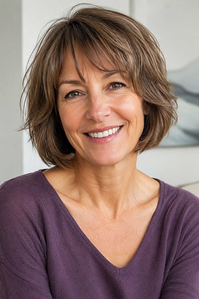17. Soft Textured Brown Bob with Curtain Fringe