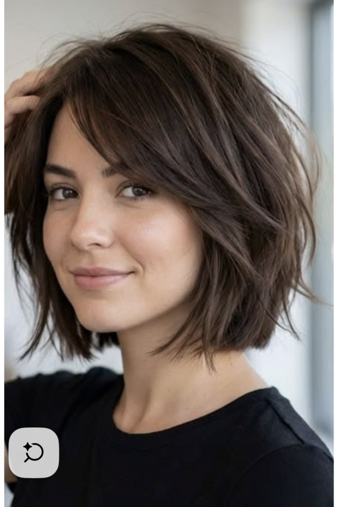 17. Texturised Tousled Bob with Side-Swept Curtain Bangs