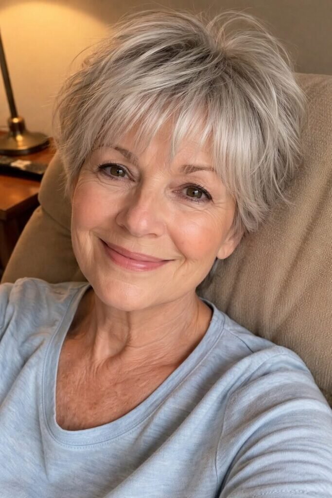 17. Texturized Silver Pixie Cut with Wispy Bangs