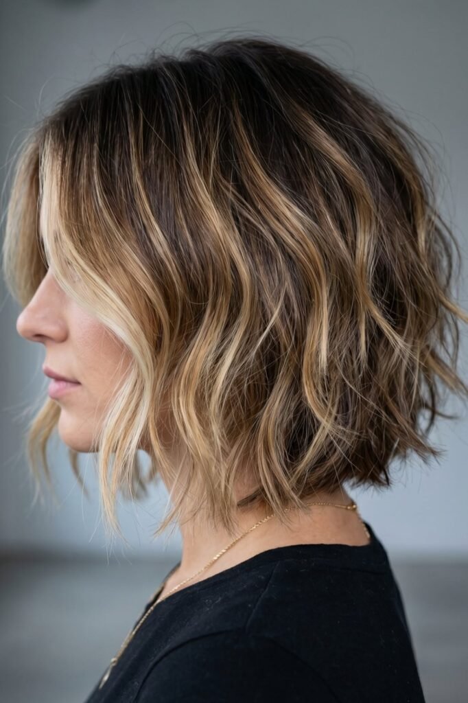 17. Texturized Tousled Short Bob with Bright Honey Balayage