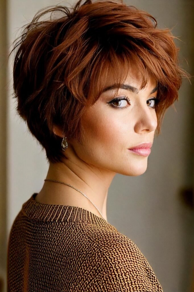17. Voluminous Auburn Pixie Cut with Soft Fringe