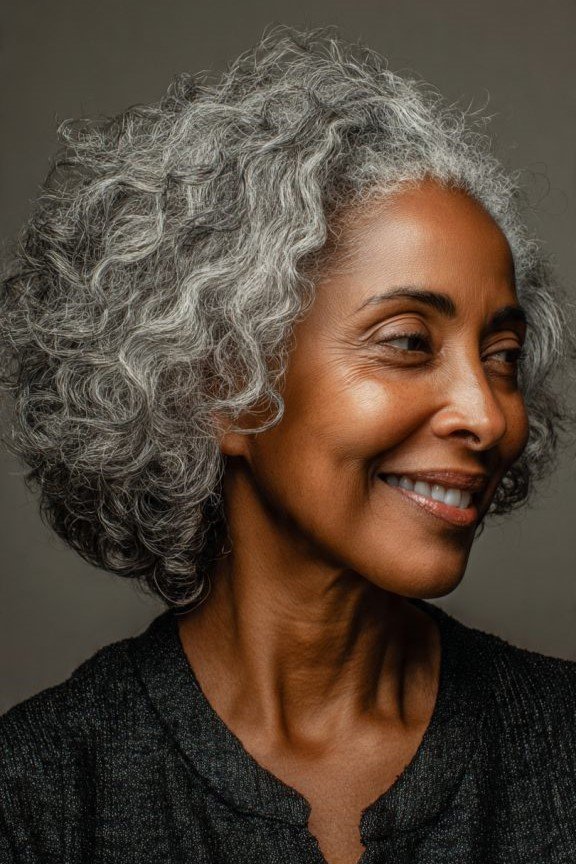 17. Voluminous Silver Curly Afro-Style Bob
