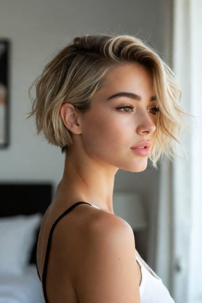 17. Voluminous Waves Platinum Blonde Crop Bob with Side Part