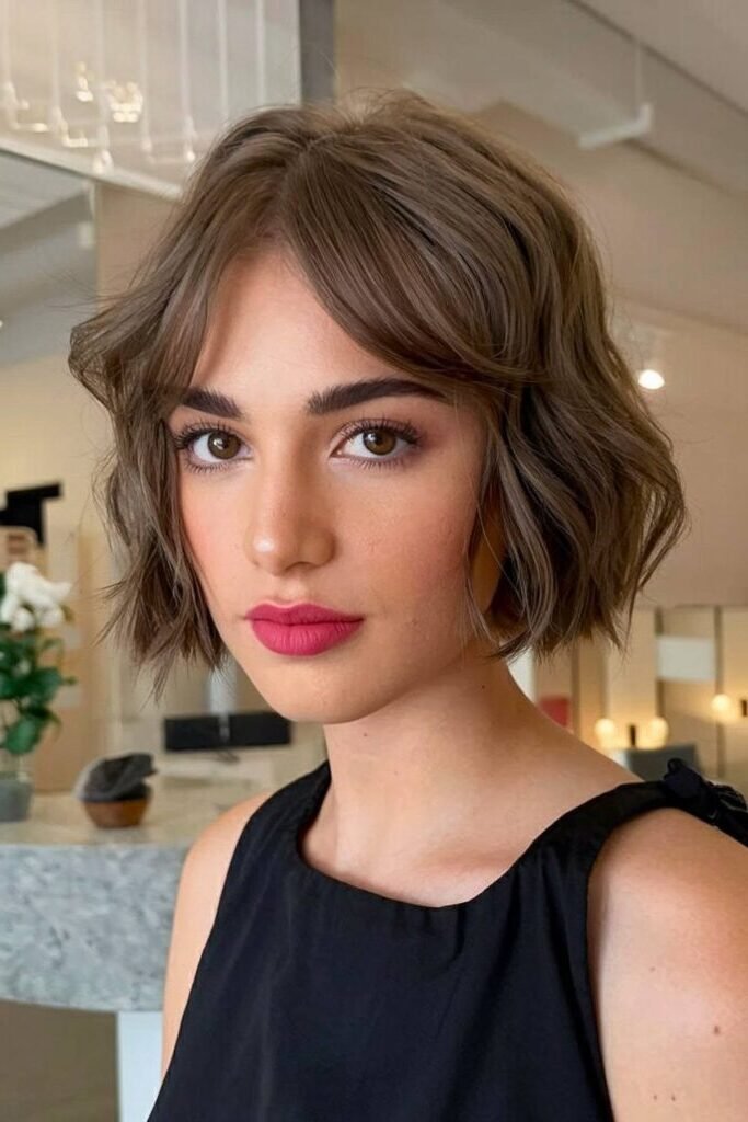 17. Wavy Brunette French Bob with Center-Parted Curtain Bangs