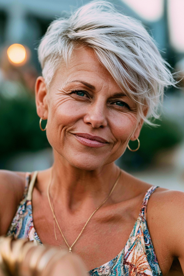 17. Wispy Silver Pixie with Tapered Sides and Forward Swept Fringe