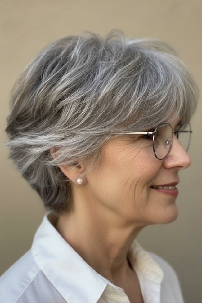 18. Feathered Salt-and-Pepper Pixie Bob with Side-Swept Layers