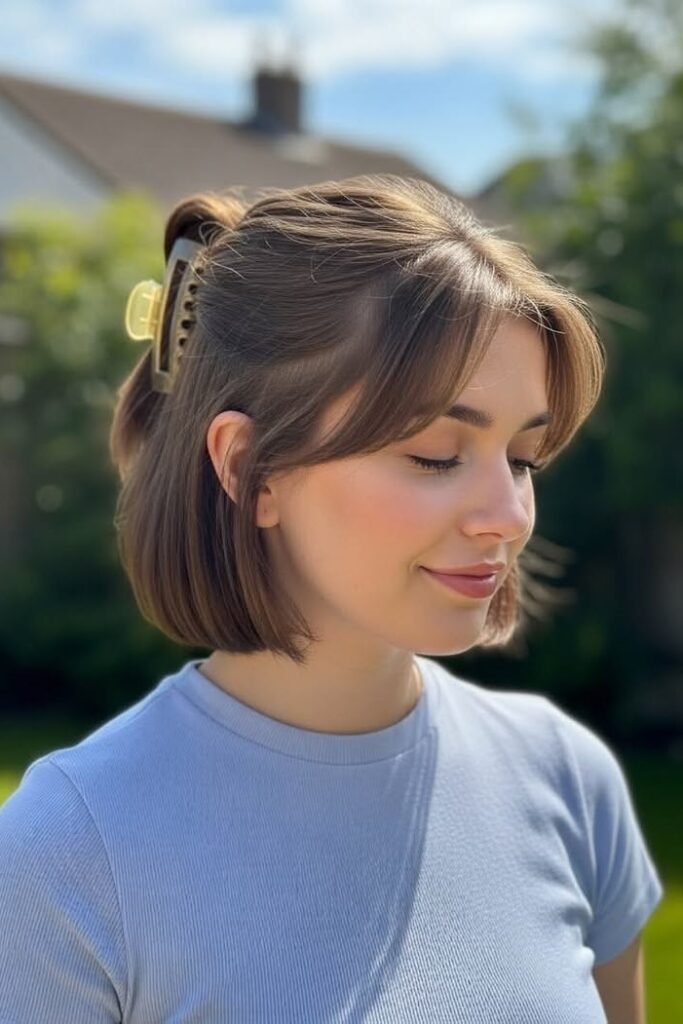 18. Half-Up Claw Clip Style on French Bob with Curtain Bangs