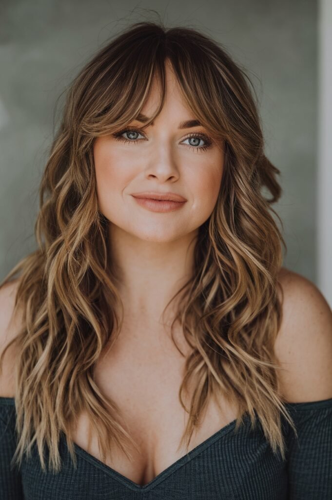 18. Long Beachy Waves with Center-Parted Curtain Bangs