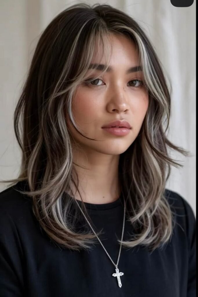 18. Medium-Length Dark Brunette Hair with Platinum Curtain Bangs and Subtle Highlights