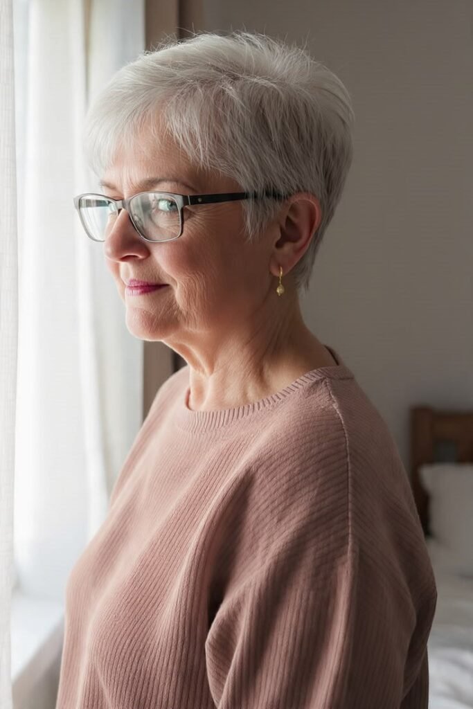 18. Neat Classic Silver Pixie Cut with Short Fringe