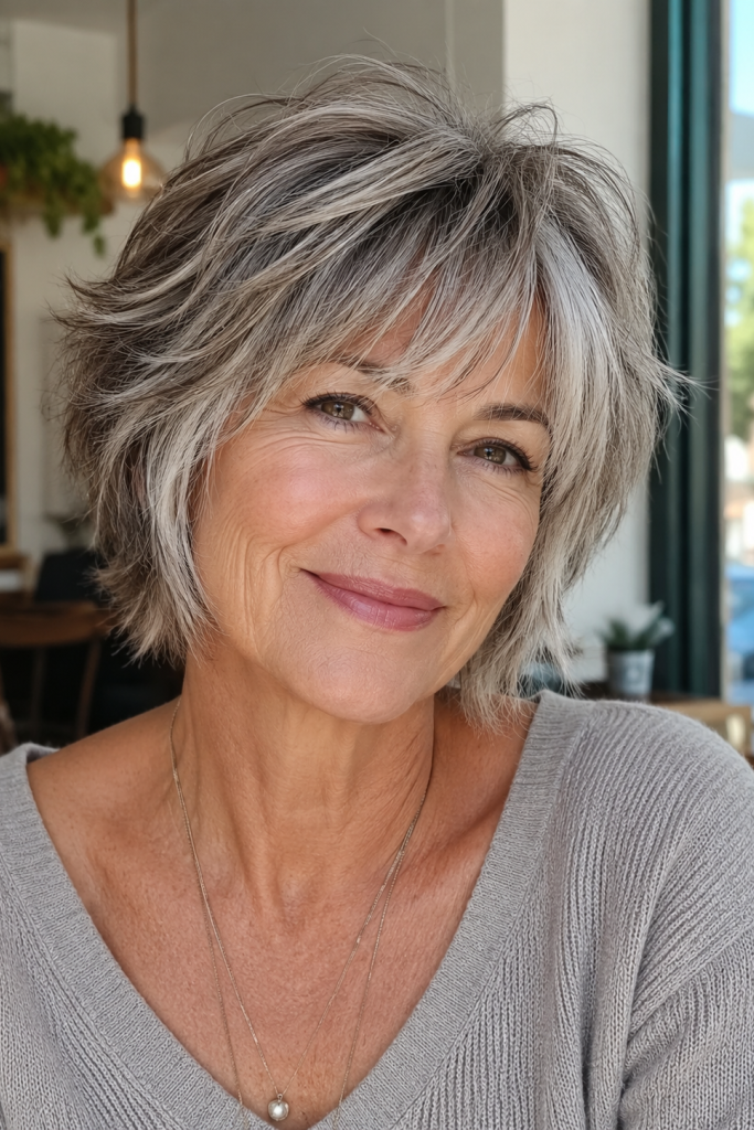 18. Salt-and-Pepper Layered Shag with Wispy Fringe