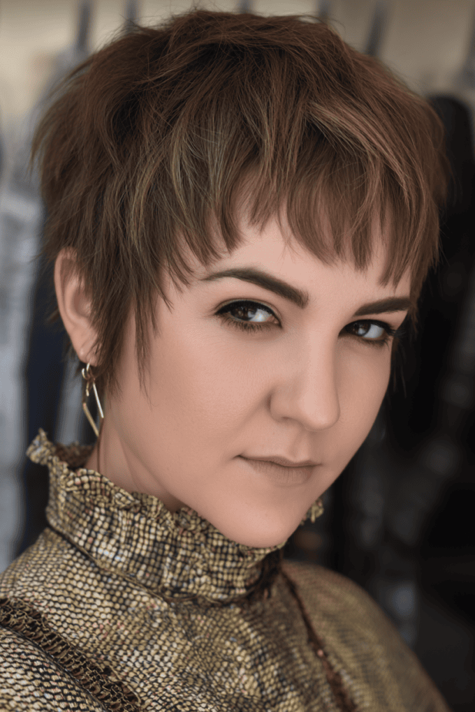 18. Short Choppy Brunette Pixie Cut with Blunt Wispy Bangs