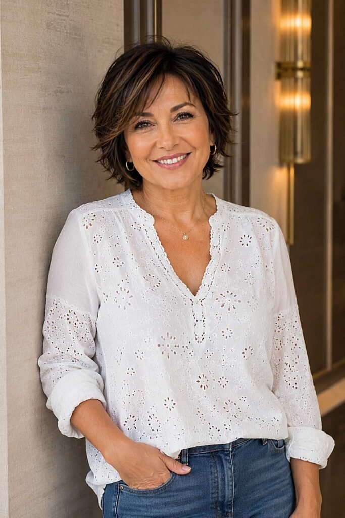 18. Short Textured Dark Brown Bob with Side Swept Fringe