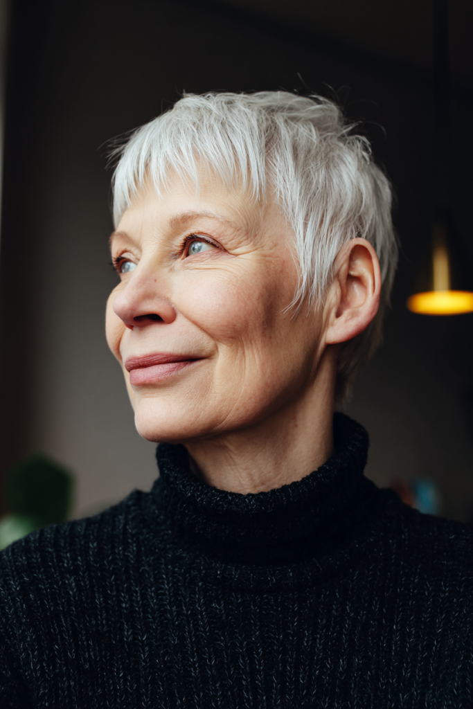 18. Short Textured Platinum Pixie Cut with Micro Fringe