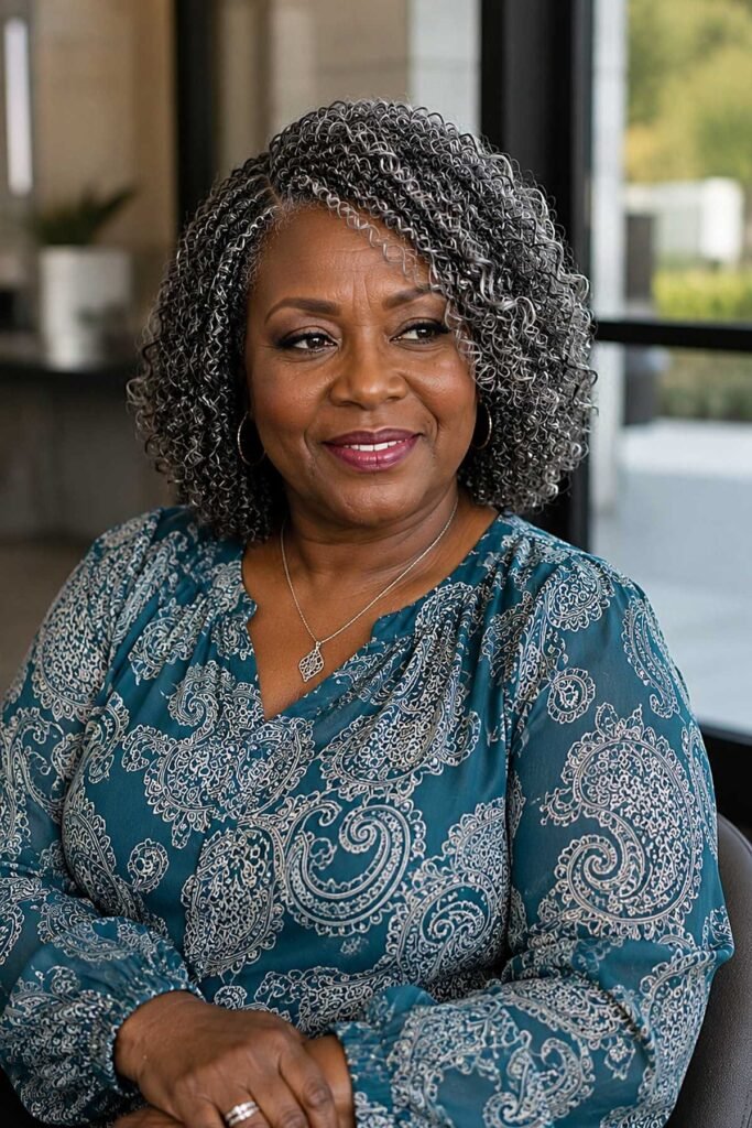 18. Shoulder-Length Defined Silver Coil Bob with Side Part