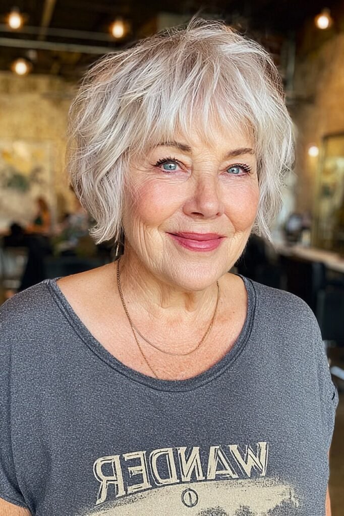 18. Silver Blonde Textured Bob Shag with Bangs