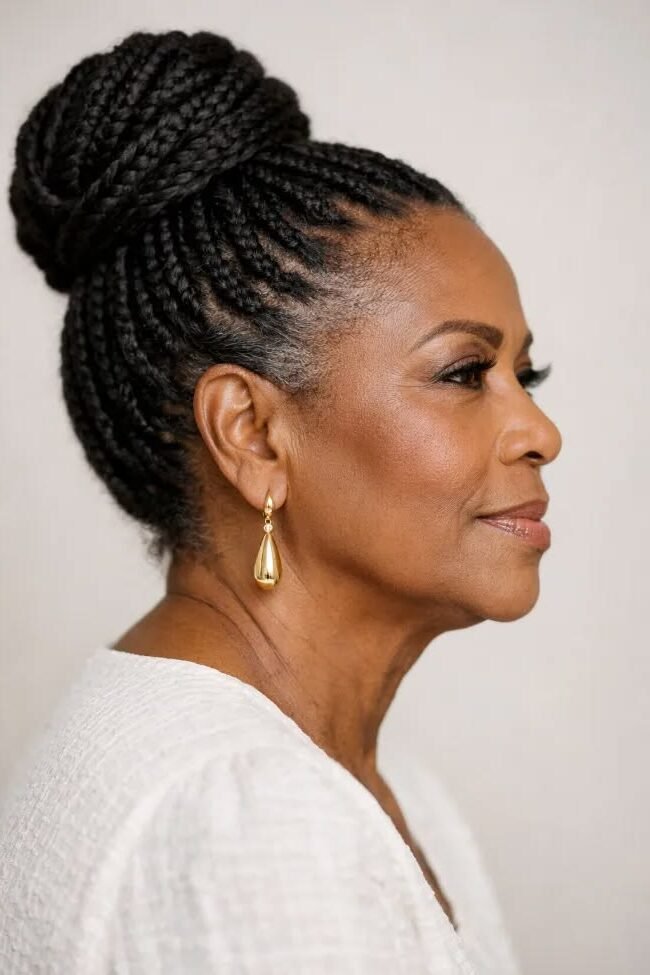 18. Silver Grey Box Braids with Half-Up Top Knot