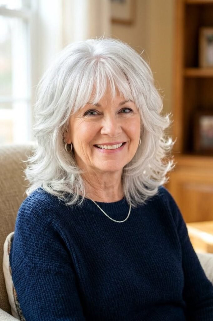 18. Silver Layered Mid-Length Shag with Soft Bangs